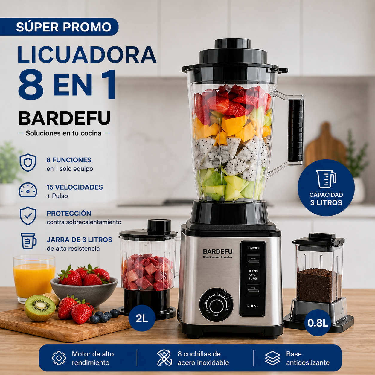 Licuadora Multifuncional 8 en 1 | Tritura, Licúa, Pica y Mucho Más